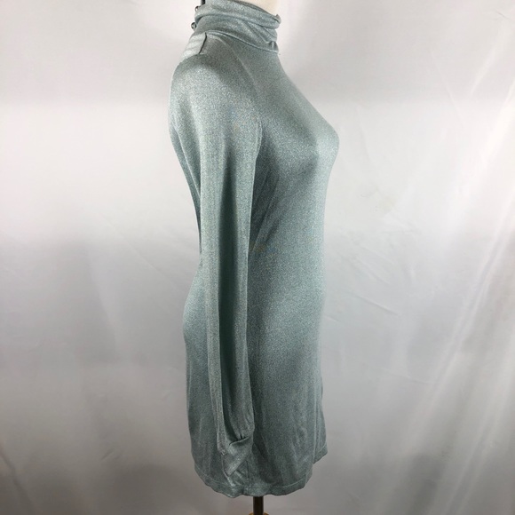 DuO Turtleneck Metallic Mint Open Back Mini Dress - Picture 3 of 9
